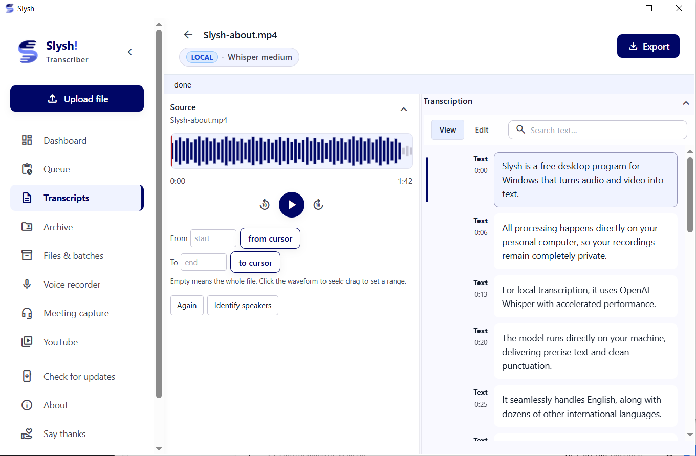 Slysh! UI: audio player, waveforms, and synced transcript with timestamps